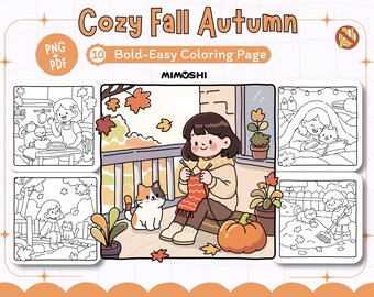Cozy Fall Coloring Pages for Kids, Cat and Girl (PDF Pattern)