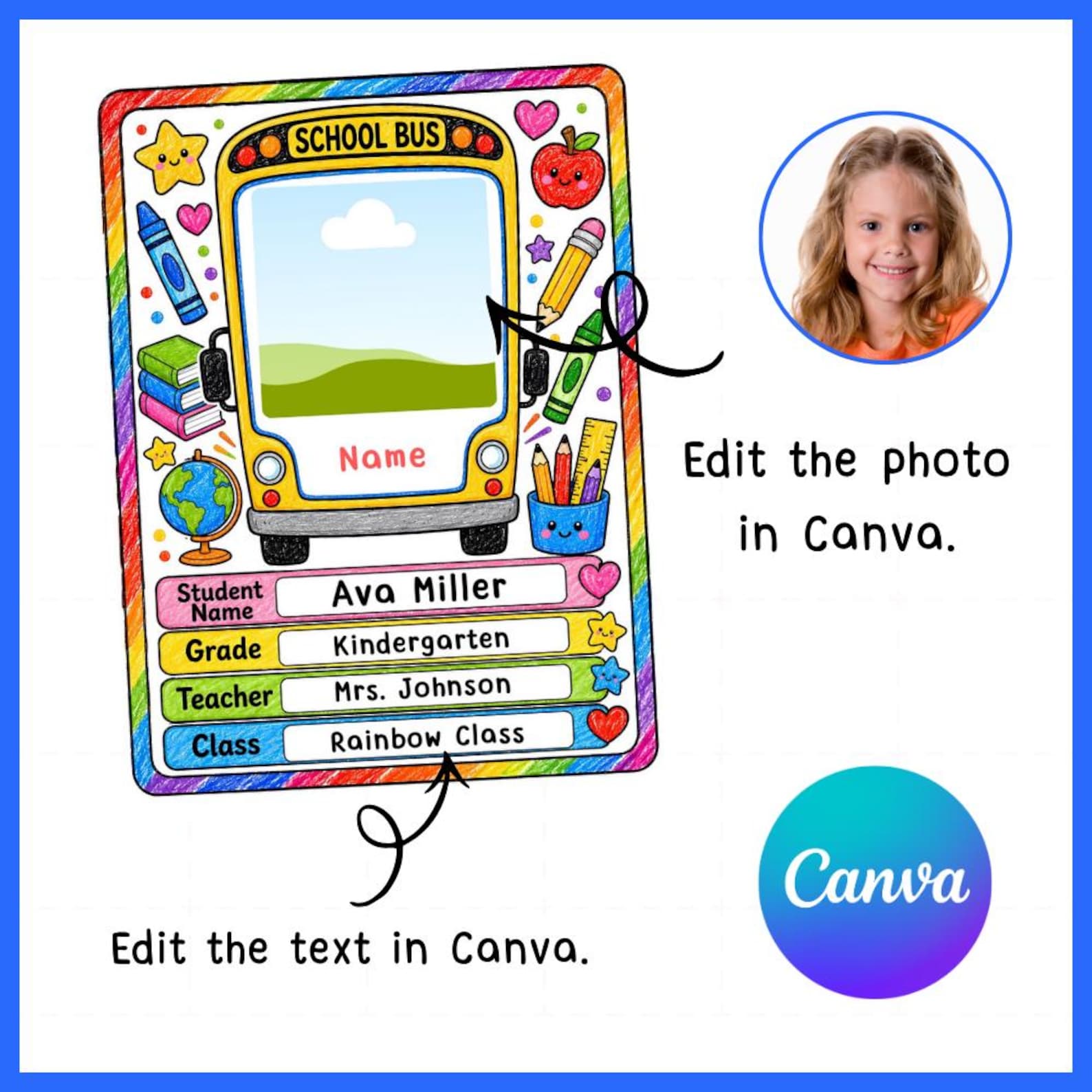 Back to School Student Name Tag Template Canva Editable Lanyard Badge ...