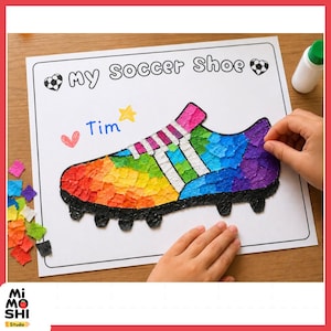 May include: A paper craft project featuring a soccer shoe outline filled with small, colourful torn paper pieces in a rainbow gradient. The page includes the text 'my soccer shoe', a hand-drawn heart, a star, and the name 'Tim' in blue ink.