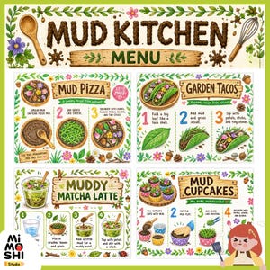 Mud Kitchen Nature Recipe Cards | 18 Printable Outdoor Play Recipes & Bonus Menu | Preschool Sensory Activity | Summer Nature Play | PDF