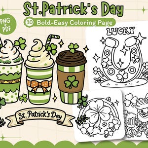 May include: A black and white colouring page featuring St. Patrick's Day themed images. The page includes a shamrock, a horseshoe, a leprechaun, and three cups of coffee or tea. The text "St. Patrick's Day" and "Lucky" are included on the page.