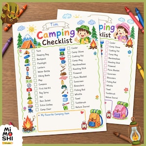 May include: A printed camping checklist for children featuring colourful hand-drawn illustrations of outdoor gear, a campfire, and a tent. The document includes a list of items with checkboxes, a section for a favourite item, and the title Camping Checklist.