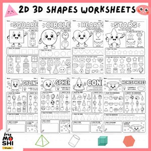 Könnte beinhalten: Schwarz-Weiß-Arbeitsblätter für Kinder mit 2D- und 3D-Formen. Die Arbeitsblätter umfassen Quadrate, Kreise, Herzen, Sterne, Zylinder, Kugeln, Kegel und Halbkugeln. Mit Aufgaben zum Nachzeichnen und Ausmalen.