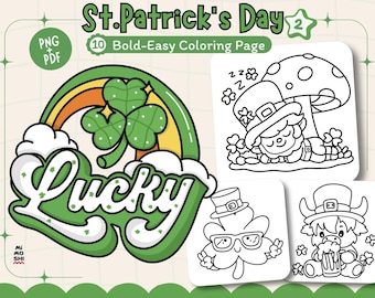 St. Patrick's Day Coloring Pages: Leprechaun, Clover (PNG + PDF)