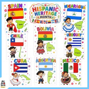 May include: A collection of Hispanic Heritage Month educational posters featuring colorful illustrations of national flags, maps, and children in traditional clothing for Spain, Nicaragua, Chile, Uruguay, Cuba, Bolivia, Argentina, and Mexico.
