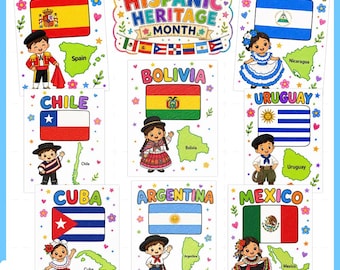 Dibujos para colorear del Mes de la Herencia Hispana / Mapas con banderas de 21 países hispanos / Actividad para preescolar y jardín de infantes / PDF para decoración de tablón de anuncios