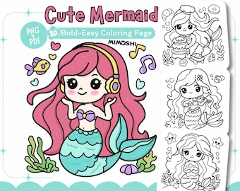 Cute Mermaid Coloring Pages | Printable Under the Sea Art Kawaii Ocean Theme Hand-Drawn | PNG+PDF Instant Download