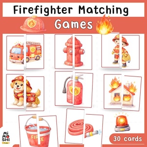 Op de afbeelding: Een kinderspel met een brandweerthema. Het spel bevat illustraties van een brandweerwagen, een brandkraan, een brandweerman, een puppy, een brandblusser, een brandend huis, een emmer, een slang en een zwaailicht. Het spel bevat de tekst "Firefighter Matching Games" en "30 kaarten".