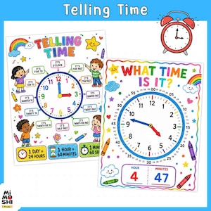 Könnte beinhalten: Zwei Lernposter zum Uhrzeit lernen. Das erste Poster mit der Aufschrift Telling Time zeigt ein Zifferblatt mit Minutenbeschriftungen, umgeben von Kindern und bunten Symbolen. Das zweite Poster mit der Aufschrift What Time Is It? zeigt ein Zifferblatt mit Minutenschritten von 0 bis 60, Regenbögen, Sternen und Wolken.
