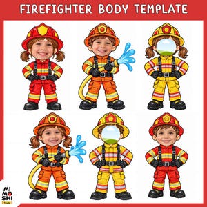 Puede incluir: Una plantilla digital de cuerpo de bombero con seis personajes de dibujos animados en varias poses, vistiendo equipo de protección rojo, naranja y amarillo, cascos y botas negras. Algunos sostienen mangueras con agua azul y otros tienen huecos faciales.