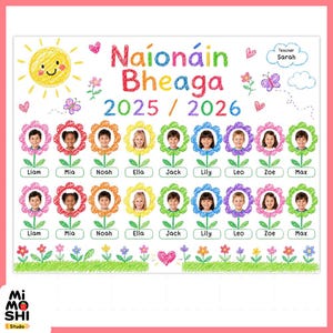 Op de afbeelding: Een klasposter met de titel Naionáin Bheaga 2025 / 2026, voorzien van een gele zon en kleurrijke tekeningen in krijtstijl van bloemen, vlinders en hartjes. Het toont twee rijen ronde portretten van kinderen, elk gelabeld met namen zoals Liam, Mia, Noah, Ella, Jack, Lily, Leo, Zoe en Max, met Teacher Sarah in een wolk.