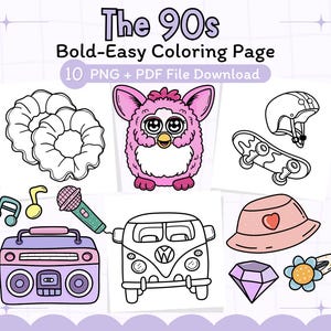 Groovy 90s Coloring Book: Bold & Easy Designs (PNG + PDF)
