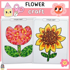 Puede incluir: Se muestran dos proyectos de manualidades de flores, un tulipán y un girasol. El tulipán está hecho de cuadrados de papel rojo, naranja y amarillo. El girasol tiene pétalos amarillos y un centro marrón. Las palabras "FLOWER craft" están arriba.