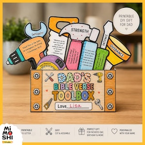 May include: A wooden toolbox-shaped craft with various paper tools, including a drill, saw, and wrench. The toolbox is labeled "DAD'S BIBLE VERSE TOOLBOX" with space for a name. The tools have words like "INTEGRITY" and "STRENGTH" on them. A printable DIY gift for dad.