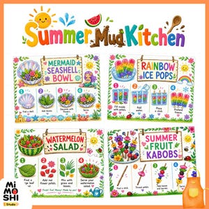 Może przedstawiać: Kolorowy plakat instruktażowy zatytułowany Summer Mud Kitchen, przedstawiający cztery przewodniki po zajęciach: Mermaid Seashell Bowl, Rainbow Ice Pops, Watermelon Salad i Summer Fruit Kabobs. Każda sekcja zawiera ponumerowane kroki z ilustracjami elementów przyrody.