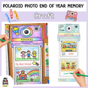 Utskrivbart minnespyssel för slutet av året, mall för polaroidfoto, aktivitet för sista skolans dag, minnesbok för klassrummet, målarblad för barn
