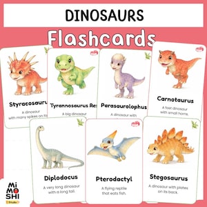 May include: A set of dinosaur flashcards featuring colorful illustrations of various dinosaurs, including a Tyrannosaurus Rex, Stegosaurus, and Pterodactyl. Each card has the dinosaur's name and a brief description. The cards are designed for educational purposes.