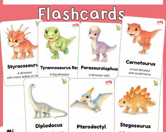 Dinosaur Flashcards Printable | 30 Cute Watercolor Dino Cards | Preschool Learning Activity | Montessori Homeschool | Educational Cards 4x6