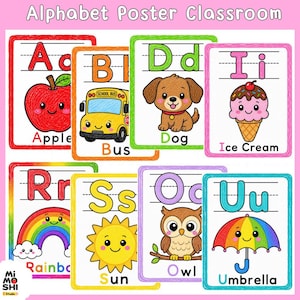 May include: An educational alphabet poster set featuring eight rectangular cards with letters A, B, D, I, R, S, O, and U. Each card displays a colorful illustration of an object like an apple, bus, dog, ice cream, rainbow, sun, owl, and umbrella.