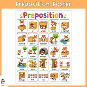 Op de afbeelding: Een educatieve poster getiteld Preposition met kleurrijke illustraties van een vos die verschillende voorzetsels demonstreert. De rasterindeling bevat vijfentwintig vierkanten, elk met een vos in relatie tot objecten zoals dozen, bomen en bruggen met tekstlabels.
