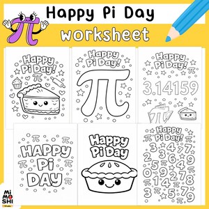 May include: A collection of black and white "Happy Pi Day" worksheets. The worksheets feature the pi symbol, pie slices, and the number sequence of pi. The text "Happy Pi Day" and "worksheet" are at the top. A blue pencil is in the upper right corner.
