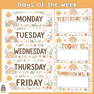 Könnte beinhalten: Ein Set aus Lernkarten mit der Überschrift Days of the week, inklusive Beschriftungen für Montag bis Freitag sowie Karten für Yesterday was, Today is und Tomorrow will be. Jede Karte zeigt eine lächelnde Sonne, einen Regenbogen, Wolken und Blumenmotive.