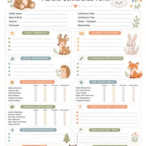 May include: A preschool parent conference form featuring a brown bear, a rainbow, and woodland animals. The document includes sections for child information, strengths, milestones, development, behavior, skills, and teacher and parent signatures.