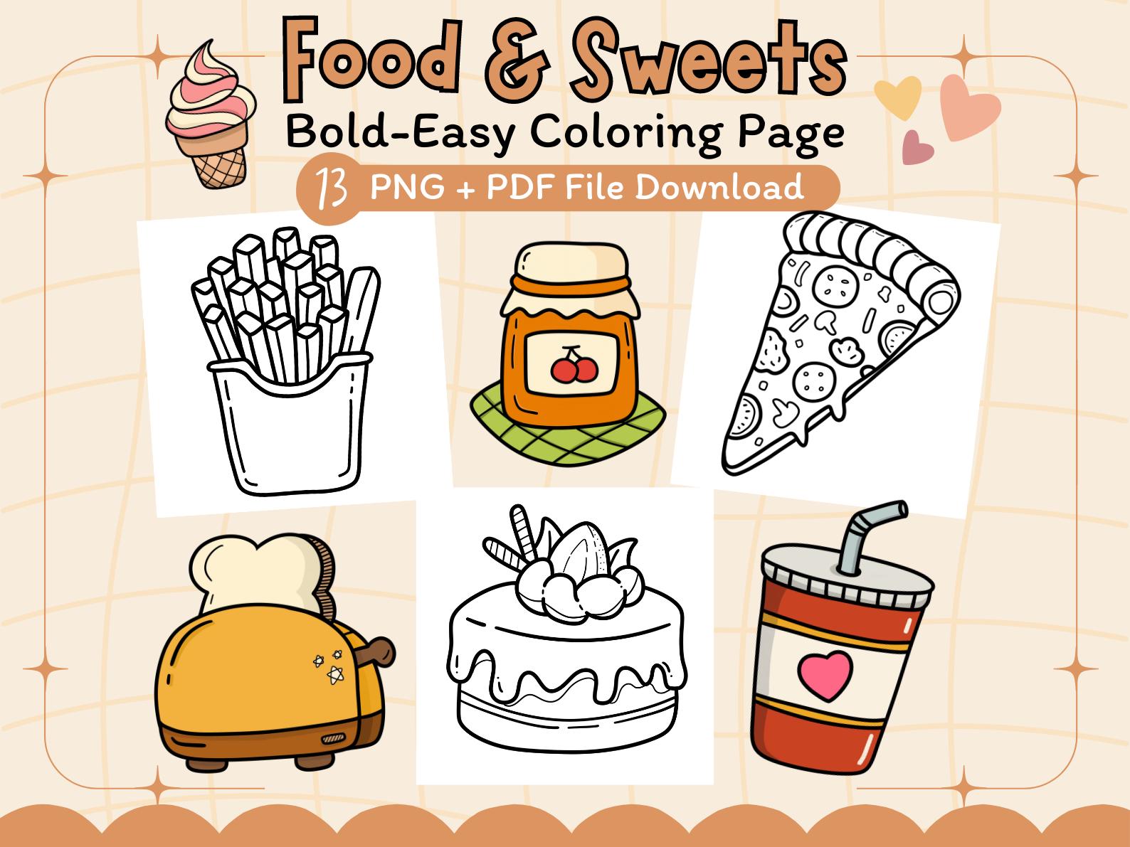 Food & Sweets: Food and Drink Relaxation , Coloring Pages | Bold and Easy Coloring Book | Png + PDF Instant Download