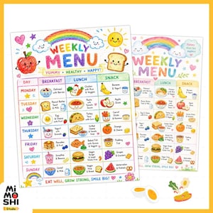 Peut inclure: Deux tableaux de menus hebdomadaires colorés avec des illustrations de divers aliments. Les tableaux présentent un arc-en-ciel, un soleil et des nuages, avec le texte "Weekly Menu" et "Yummy, Healthy, Happy!". Les tableaux sont conçus pour la planification des repas.