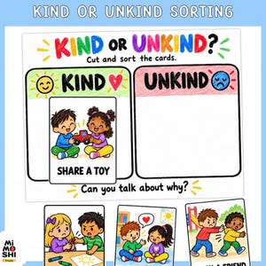 Puede incluir: Una hoja de trabajo educativa imprimible titulada Kind or Unkind Sorting con coloridas ilustraciones dibujadas a mano. Incluye dos columnas para clasificar tarjetas de comportamiento, como una que muestra a niños compartiendo un juguete, y otras tarjetas que representan interacciones sociales como jugar juntos o empujar a un amigo.