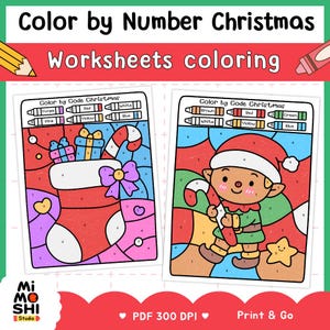 May include: Two Christmas-themed color-by-number worksheets. One features a stocking with gifts, the other an elf with a candy cane. The worksheets have a color key and the text "Color by Number Christmas Worksheets coloring".