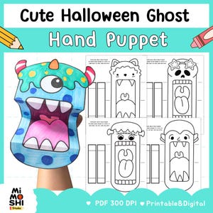 May include: A colorful, printable Halloween hand puppet featuring a monster design with a large mouth and one eye. The image includes the text "Cute Halloween Ghost Hand Puppet" and additional printable puppet designs.