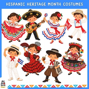 May include: A digital illustration set titled HISPANIC HERITAGE MONTH COSTUMES featuring eight cartoon children in traditional cultural attire, including dresses with floral patterns, sombreros, a guitar, a fan, a Cuban flag, and a mate gourd.