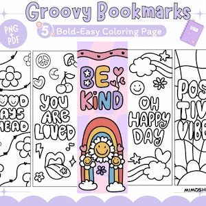 Puede incluir: Cinco diseños de marcapáginas imprimibles en blanco y negro con texto e ilustraciones groovy. Los diseños incluyen "Good Days Ahead", "You Are Loved", "Be Kind", "Oh Happy Day" y "Positive Vibes".