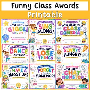 Puede incluir: Una colección de "Funny Class Awards" imprimibles con diseños coloridos. Cada premio presenta una ilustración lúdica y texto como "Most Likely to Giggle All Day!" y "Most Likely to Sing Along!" Perfecto para el reconocimiento en el aula.