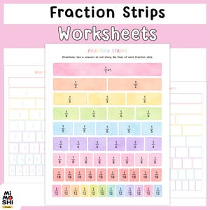 May include: Fraction strips worksheet with colorful fraction bars. The worksheet includes fractions from 1/2 to 1/12, with instructions to cut along the lines. The title "Fraction Strips Worksheets" is at the top.