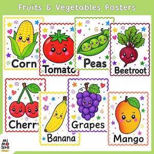 Peut inclure: Un ensemble de huit affiches éducatives intitulées Fruits & Vegetables Posters, présentant des illustrations colorées de maïs, tomate, petits pois, betterave, cerise, banane, raisin et mangue, avec des visages souriants, des étoiles et des cœurs.