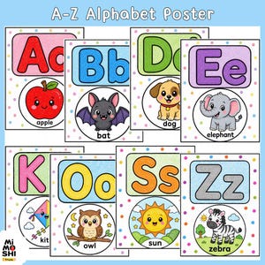 May include: An A-Z Alphabet Poster featuring colorful letters and corresponding illustrations like an apple, bat, dog, elephant, kite, owl, sun, and zebra. Each card has a white background with multicolored dots and the text A-Z Alphabet Poster.