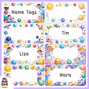 May include: A sheet of eight rectangular name tags featuring colourful space-themed illustrations including planets, stars, rockets, astronauts, and cute animals. Some tags are blank, while others display the names Name Tags, Tim, Lisa, and Nara.