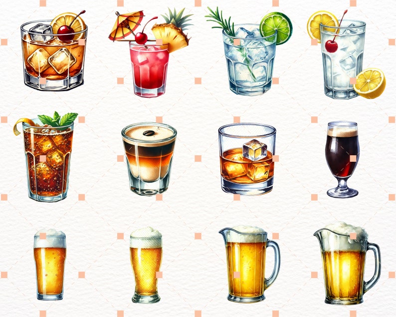 Summer drinks Watercolor Cocktail Clipart,Bundle PNG,Signature Cocktail Clipart, Drinks Clipart, Alcohol Drinks Clipart,Illustrations in PNG