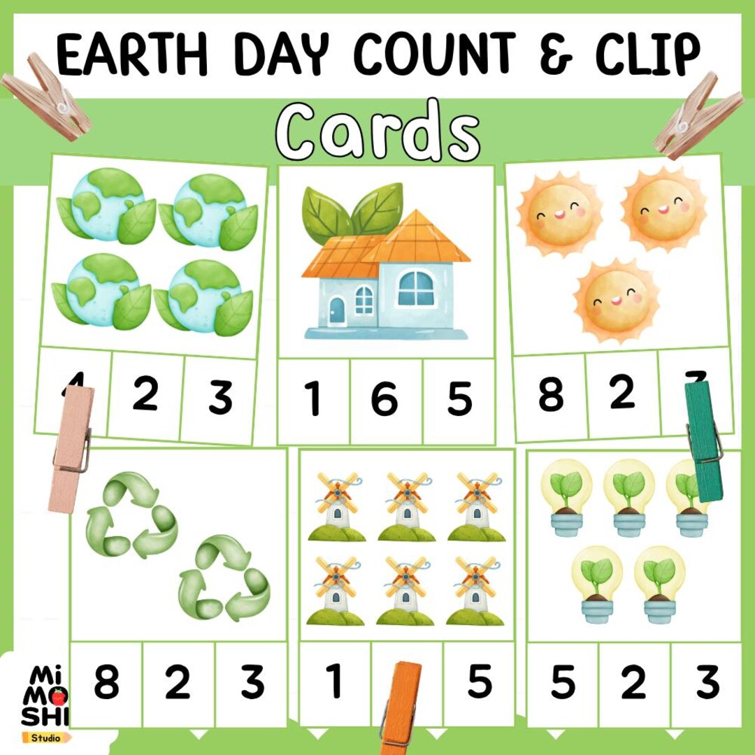 Earth Day Count and Clip Cards Printable, Preschool Math Activity ...