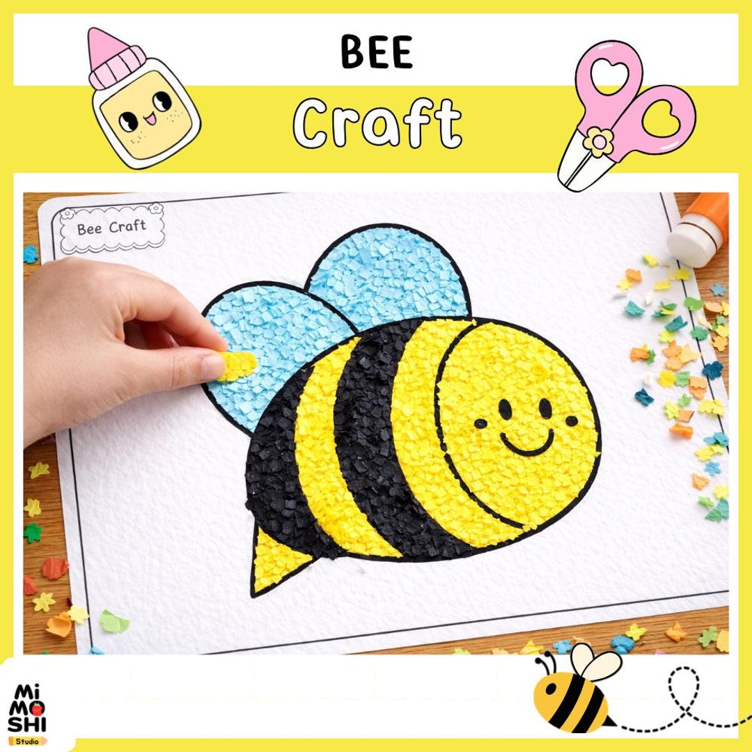 Bee Craft Activity for Kids | Printable Torn Paper Mosaic Coloring ...