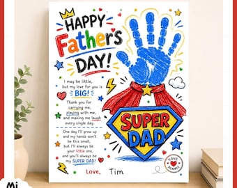 Modello stampabile per lavoretto con l'impronta della mano di Super Papà, ricordo supereroe per la Festa del Papà, arte con l'impronta della mano dei bambini, regalo fai da te per la Festa del Papà, modello per lavoretto prescolare