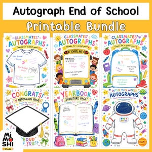 以下が含まれることがあります： 学年末用のサイン帳ページ6枚セット。Tシャツ、スクールバス、バックパック、卒業帽、開いた本、宇宙飛行士のデザインが含まれており、カラフルなイラストとサインを書くためのスペースが設けられています。