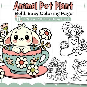 Cute Animal Pot Plant Coloring Pages | Bold and Easy Coloring Book ,Nature,Floral| Png + PDF Instant Download