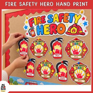 Puede incluir: Un tablón de anuncios de Fire Safety Hero con un encabezado grande y varios recortes de extintores e insignias de bomberos. Cada recorte muestra la huella de la mano roja de un niño y una etiqueta con el nombre: Emma, Liam, Max, Ava, Lisa, Ben, Ruby y Alex.
