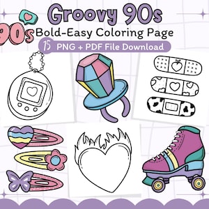 Groovy 90s Coloring Pages, Cute Digital Coloring Book, Printable Coloring Pages for Adults, Bold and Easy ,Png + PDF Instant Download