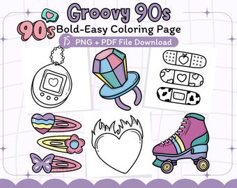 May include: A coloring page with a groovy 90s theme. The page features a variety of 90s icons, including a Tamagotchi, a heart-shaped ring, a roller skate, and a heart with flames. The page is black and white and ready to be colored.