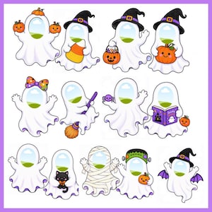 Puede incluir: Una colecci&oacute;n de doce marcos de fotos con forma de fantasma blanco con varios temas de Halloween, incluyendo calabazas, sombreros de bruja, una escoba, un gato negro, vendas de momia, un monstruo de Frankenstein, una ara&ntilde;a y un libro.