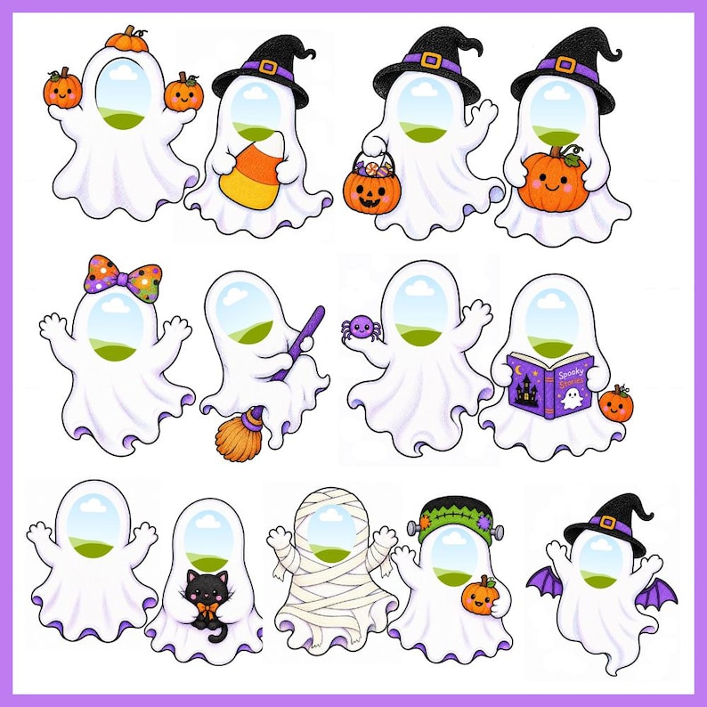 Puede incluir: Una colecci&oacute;n de doce marcos de fotos con forma de fantasma blanco con varios temas de Halloween, incluyendo calabazas, sombreros de bruja, una escoba, un gato negro, vendas de momia, un monstruo de Frankenstein, una ara&ntilde;a y un libro.